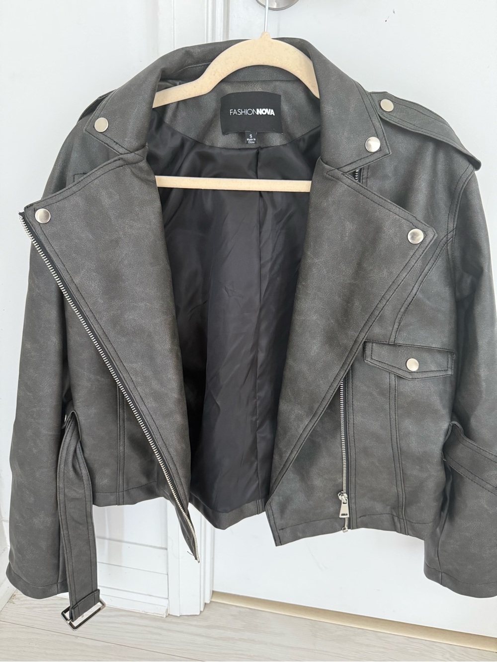 Fashion Nova Charcoal Gray Faux Leather Moto Jacket